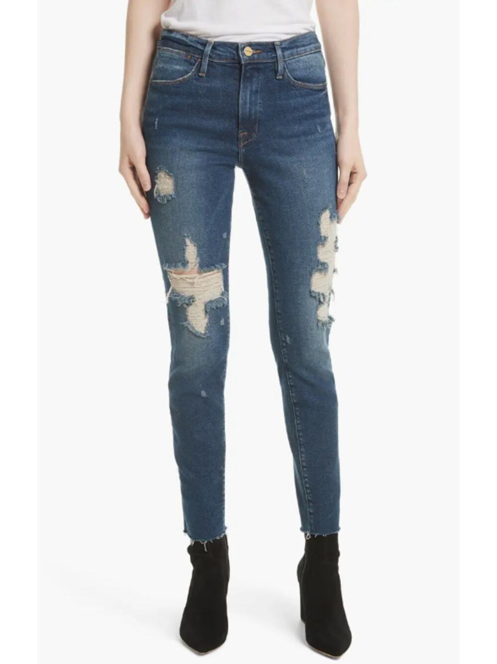 FRAME DENIM Womens Le High Raw Edge Skinny Jeans Distressed Medium Wash Size 27